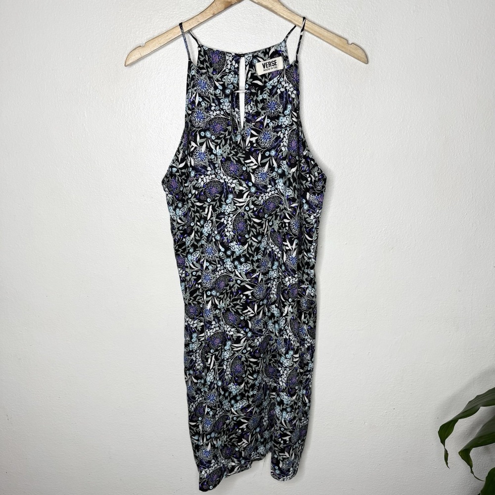 Verse Made In USA Purple Blue Floral Sleeveless Dress‎ Women's Medium Boho Rayon